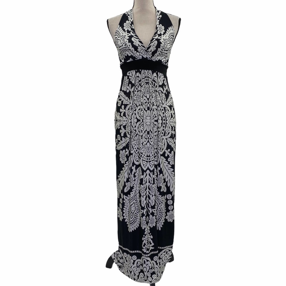BLACK White Printed Halter Neck Maxi Dress